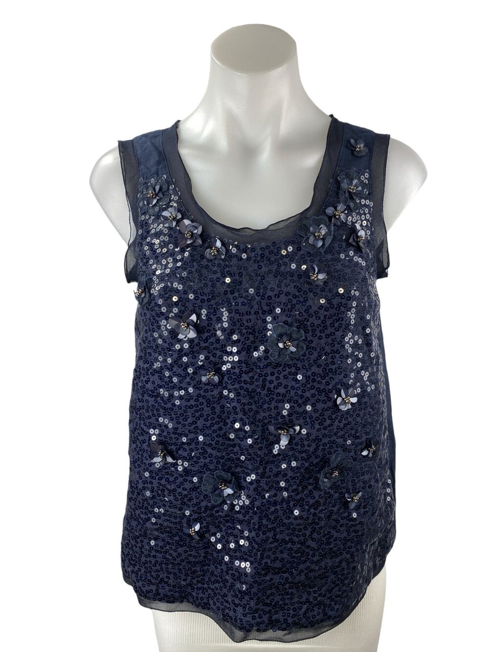 O'2nd Women's Navy Blue Floral Sequin Scoop Neck Sleeveless Tank Blouse Top Sz 1